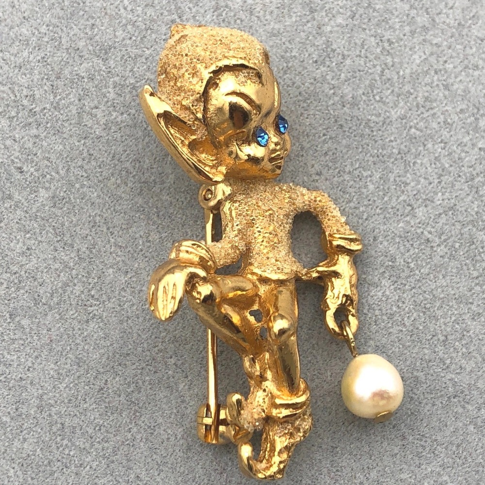 Vintage Kramer Pixie Elf Brooch Gold Tone‎ Faux Pearl Blue Rhinestone Eyes 60s